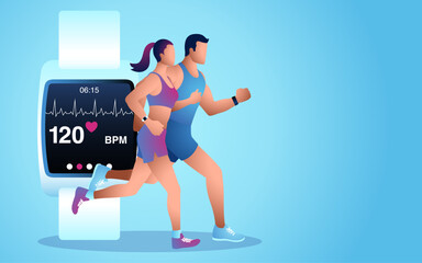 World Heart Day theme, couple running with smartwatch. Awareness about heart health and accelerate actions to prevent, detect and manage cardiovascular diseases.