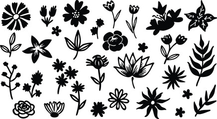 Floral Silhouette Collection: A detailed monochrome collection of diverse floral silhouettes, perfect for adding a touch of nature-inspired elegance to your creative projects.
