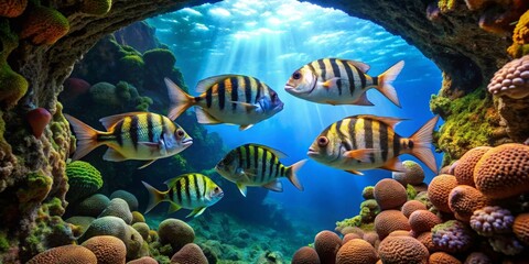 Striped Fish Swimming in a Vibrant Underwater Cave, Sunbeams Illuminating Coral Reef