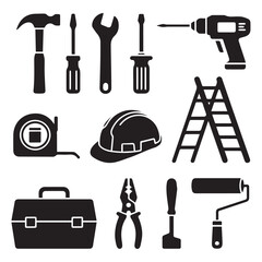 Vector art of a collection of essential construction tools isolated on white background, including a hammer, screwdriver, and drill