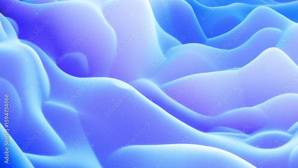 Poster loop 4k. abstract waves of soft blue matte material with light inner glow and glitters on morphing s