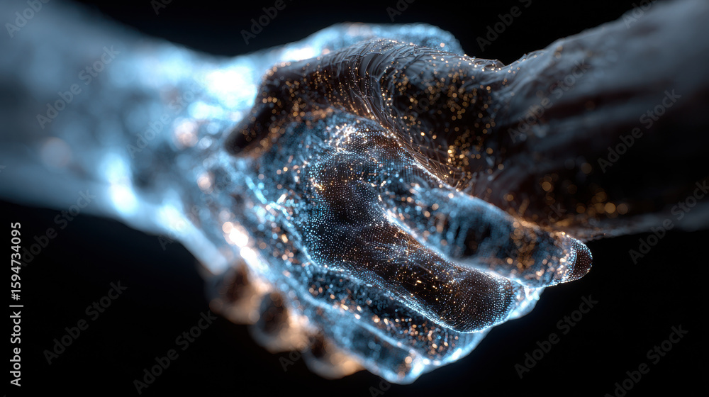 Poster glowing handshake with digital particle effects background image