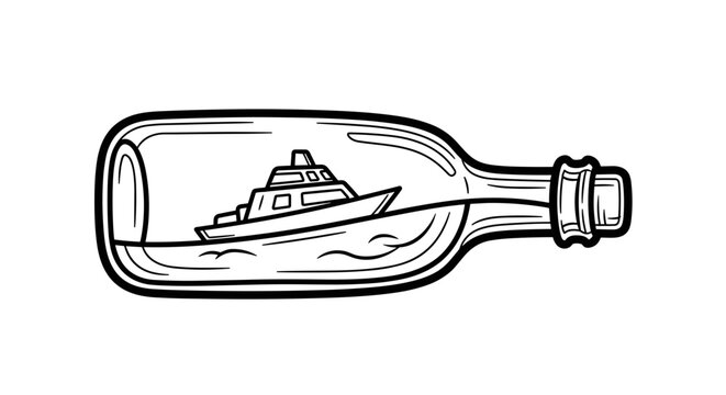 Boat in a bottle, nostalgic vintage illustration in tattoo style