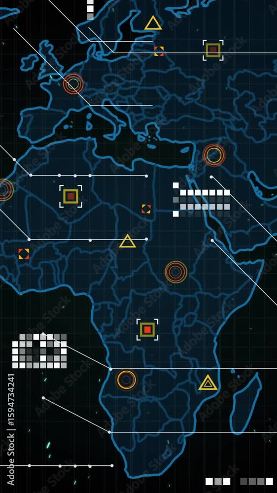 Poster animating world map with data points and network connections for presentation