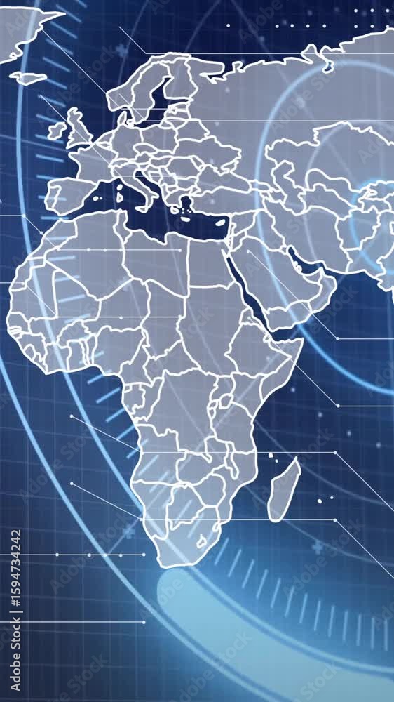 Poster world map with digital data processing animation over blue background