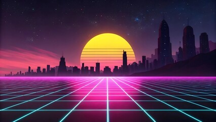 Obraz premium Retrofuturistic cityscape with glowing neon grid and vibrant sunset over a futuristic city skyline