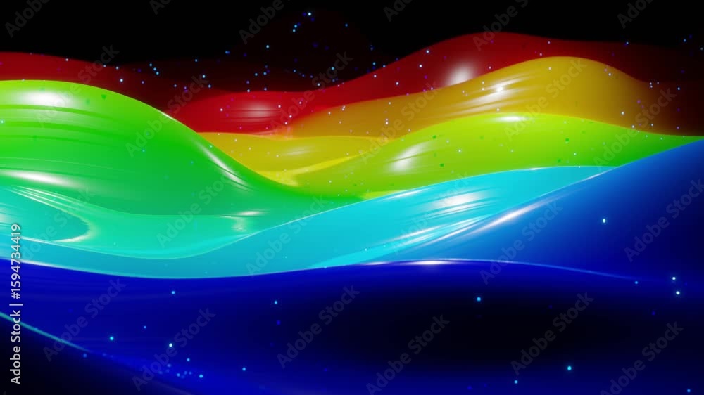 Poster abstract 3d surface with beautiful waves, luminous sparkles and bright color gradient, colors of rai
