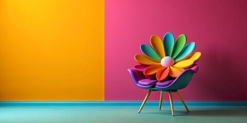 Vibrant Rainbow Flower Chair in a Modern Room with Bold Color Blocking Walls