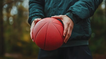Person Holding Red Basketball Outdoors with Natural Background
