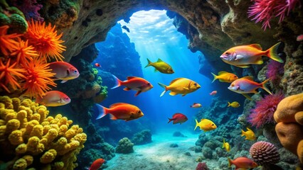 Vibrant Reef Scene Underwater Paradise with Colorful Fish and Coral in a Sunlit Grotto