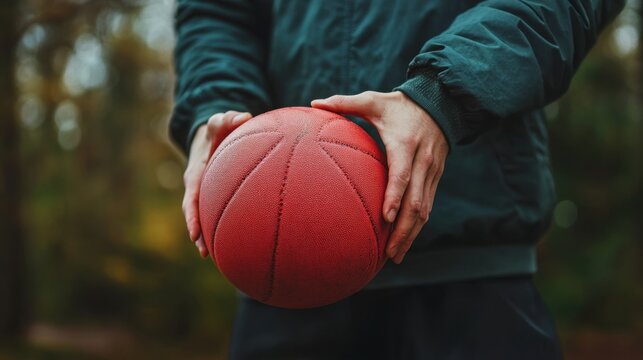 Person Holding Red Basketball Outdoors with Natural Background
