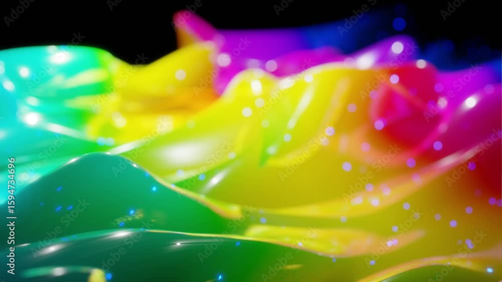 Poster abstract 3d surface with beautiful waves, luminous sparkles and bright color gradient, colors of rai