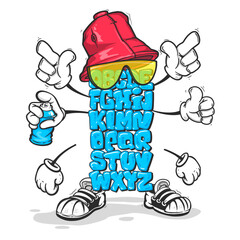 Graffiti bubble alphabet with caps and hand gestures – fun urban cartoon font