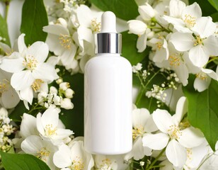 Floral Purity: White Dropper Bottle with Jasmine Blossoms and Green Leaves in Natural Light