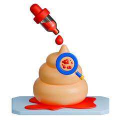 3D illustration of stool Sudan test showing pale colored feces on slide, Sudan stain dropper, and magnified fat globules.