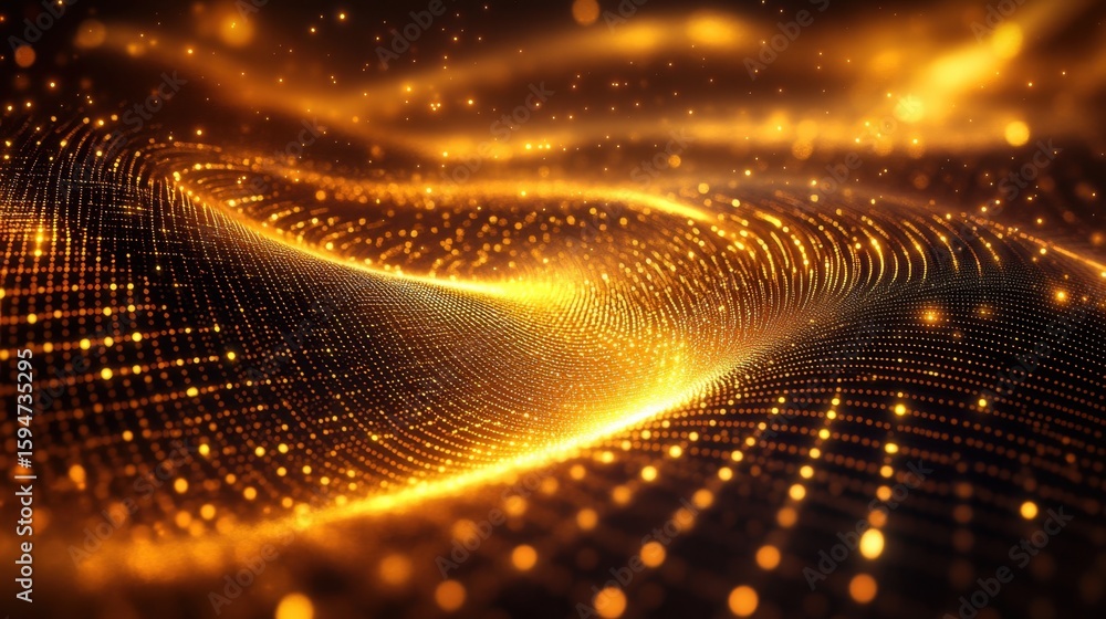 Aufkleber abstract golden waves with sparkles and dots in a digital space