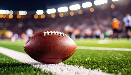 Obraz premium American football resting on a first down line during an American football game. The ball is ready to be snapped to start a new play. Lots of copy space