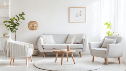 Fototapeta premium A bright living room showcases a modern sofa, cozy armchairs, and a round wooden coffee table, creating an inviting and stylish interior design with natural light and plants.