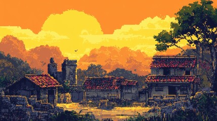 Obraz premium Serene Sunset Over Rural Village in Pixel Art Style with Vibrant Colors