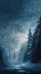 Winter night in a snowy forest illuminated by falling snowflakes with a mystical atmosphere