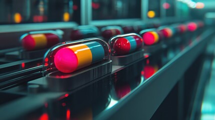 Colorful Capsules on Conveyor Belt in Pharmaceutical Production Facility