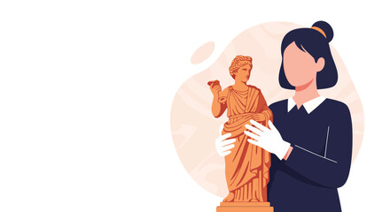 Curator Character in White Gloves Carefully Handling an Antique Sculpture for Preservation