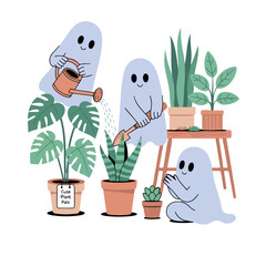 Cute Ghost Gardening Art – Halloween Plant Lover Illustration