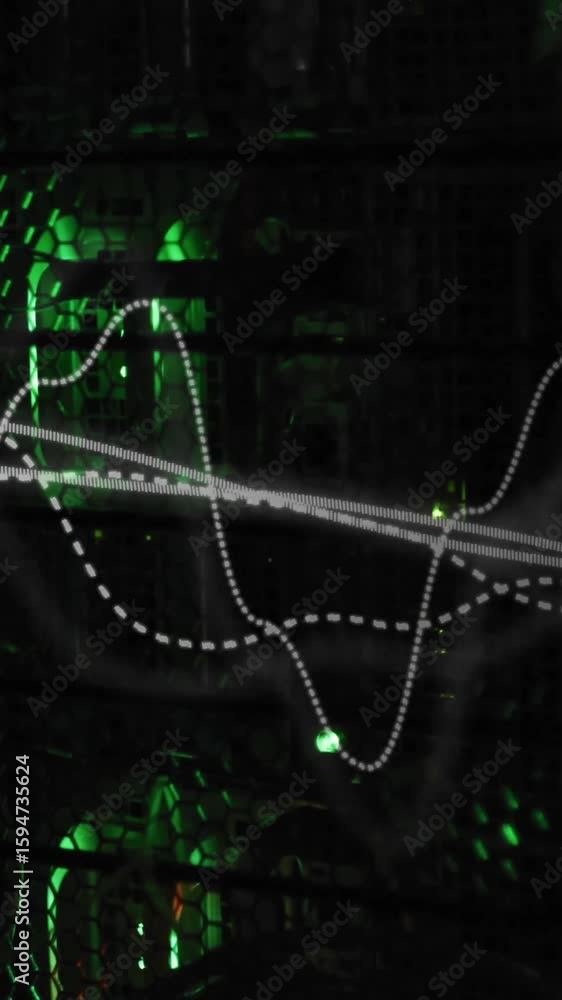 Poster waveform animation over green-lit server racks in data center