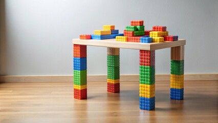 A miniature wooden table constructed with colorful interlocking blocks, playfully arranged on a hardwood floor against a neutral backdrop