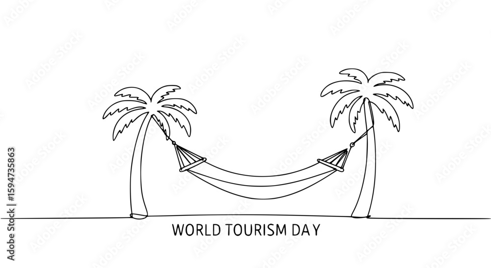 Poster single line outline vector of hammock between palm trees for tourism