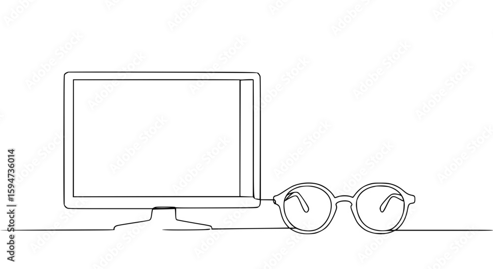 Fototapete concept of single line outline vector illustrating computer and glasses
