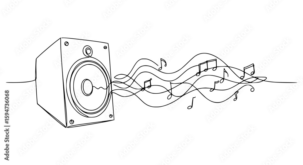 Poster music speaker emitting sound waves and notes in single line outline vector
