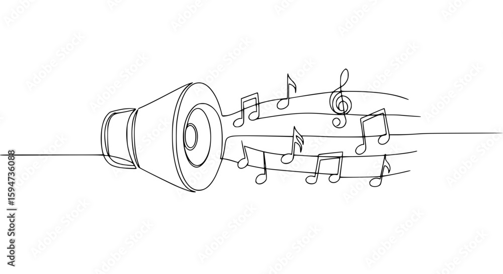 Poster speaker emitting sound with musical notes in single line outline vector