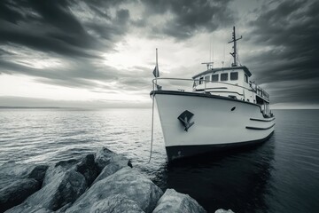 Naklejka premium White vessel moored by rocky shore under dramatic sky boat water