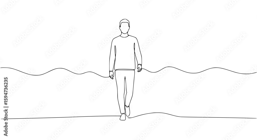 Poster man walking forward towards camera in vector style with single line outline on wavy background