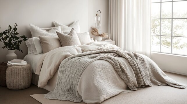 Cozy bedroom scene showcasing a beautifully made bed with textured pillows, a chunky knit blanket, and soft, neutral tones creating a serene and inviting atmosphere.