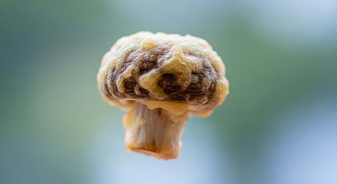 A single, battered and deep-fried mushroom against a blurred background.