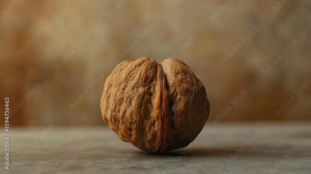 Aufkleber close-up of a single walnut on a textured background showing natural patterns