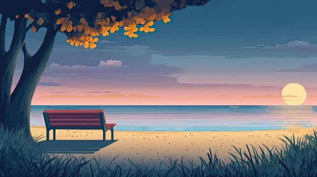 A view of a bench near the beach with a sunset view. 4K anImated video