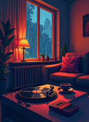 Cozy room interior at night with rain outside the window. Features a record player, warm lamp light, and comfortable furniture.