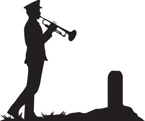 Flat Silhouette of Bugler Playing Taps at Soldier’s Grave