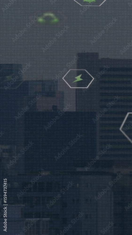 Poster animation of multiple digital icons floating against aerial view of cityscape
