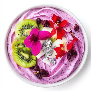 dragon fruit and coconut mousse, artfully swirled for a mesmerizing pattern, resting on a crisp coconut crunch base