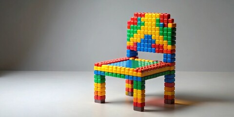 A brightly colored chair constructed from interlocking plastic blocks, a whimsical and inventive design on a minimalist background