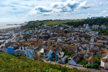 View from the East Hill over rooftops of Hastings, a charming coastal town in East Sussex, UK. 