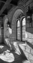 Obraz premium Stone corridor with arched windows and shadows.