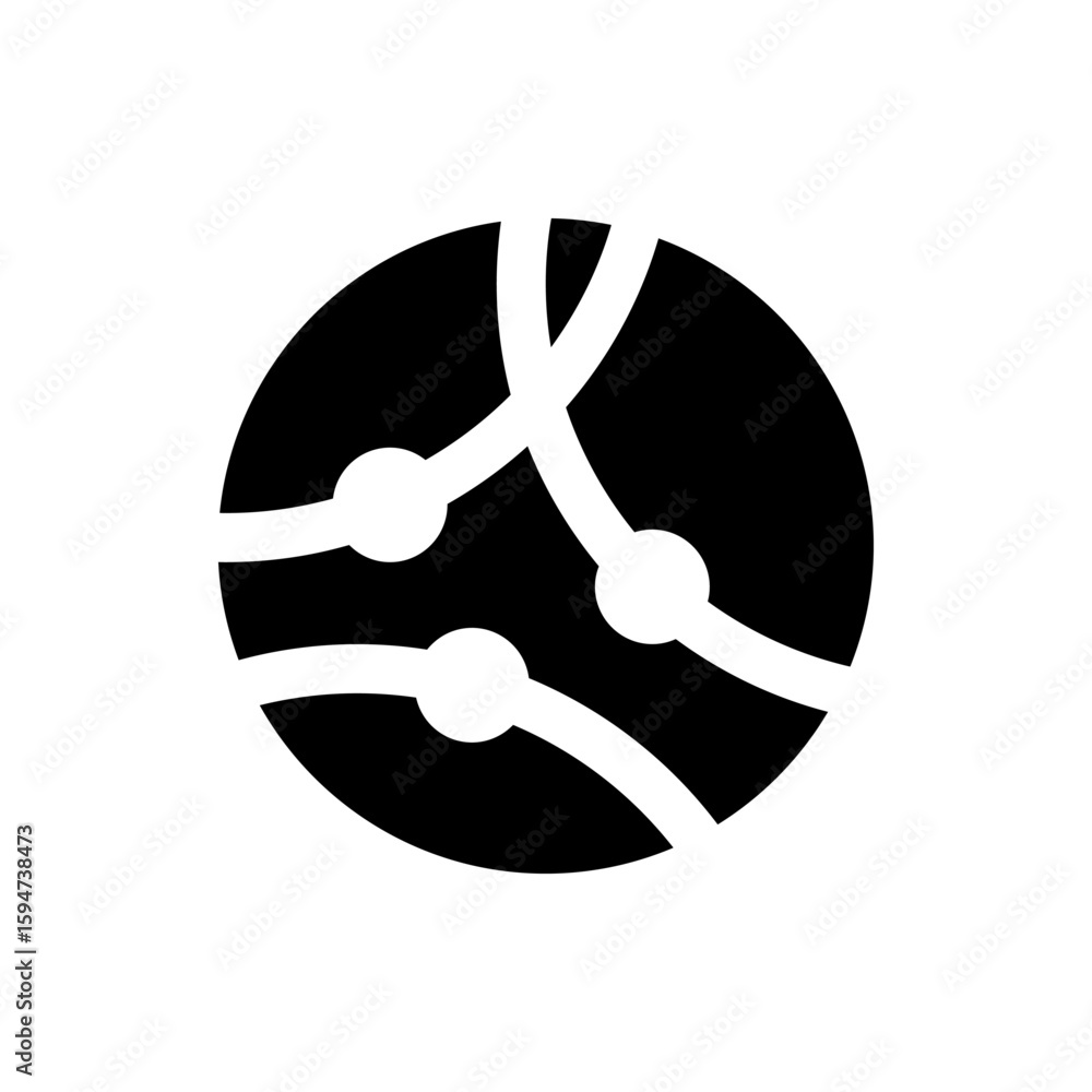 Poster black circle containing white lines and circles representing a network or connection concept design 