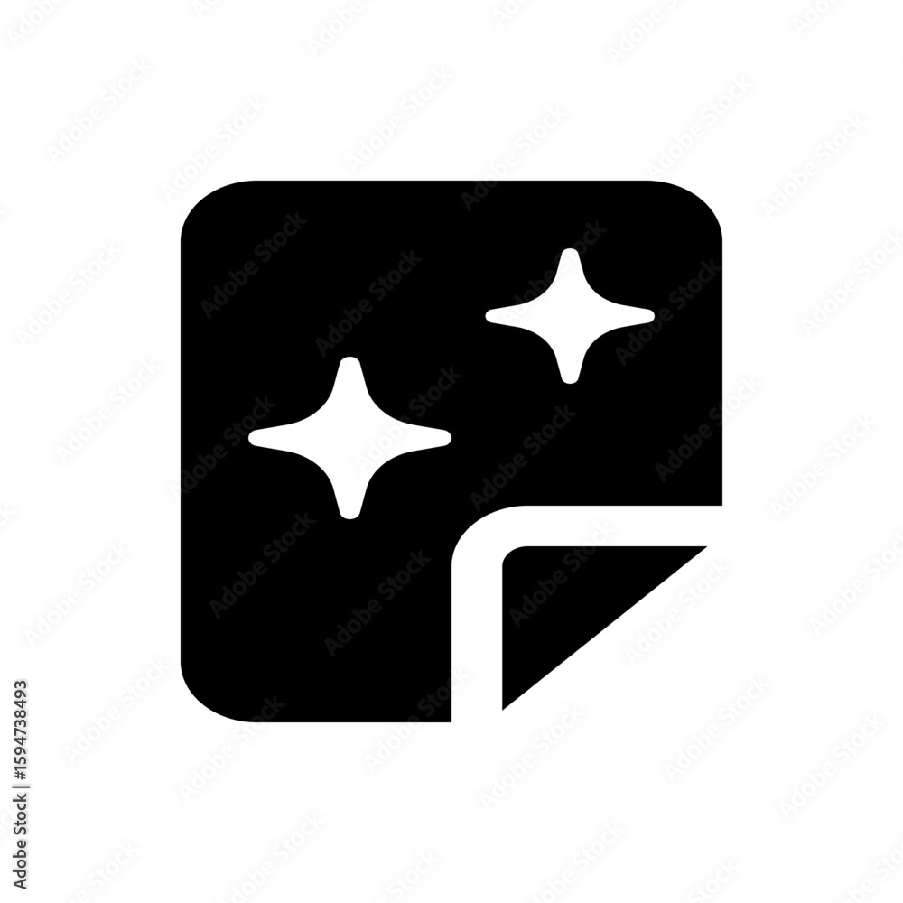 Poster black rounded square with a curled corner and two four pointed stars on the upper part of the square