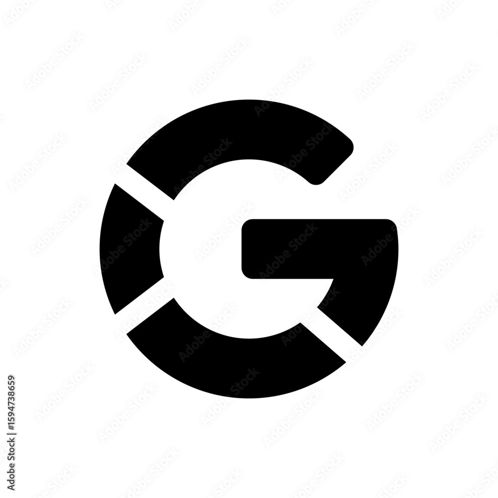 Poster black glyph of the letter g with segmented circular form and rectangular extension on a white backgr