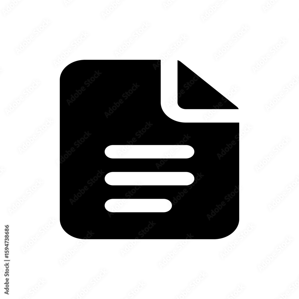 Poster black document icon with curled corner and three horizontal lines representing text on the page desi